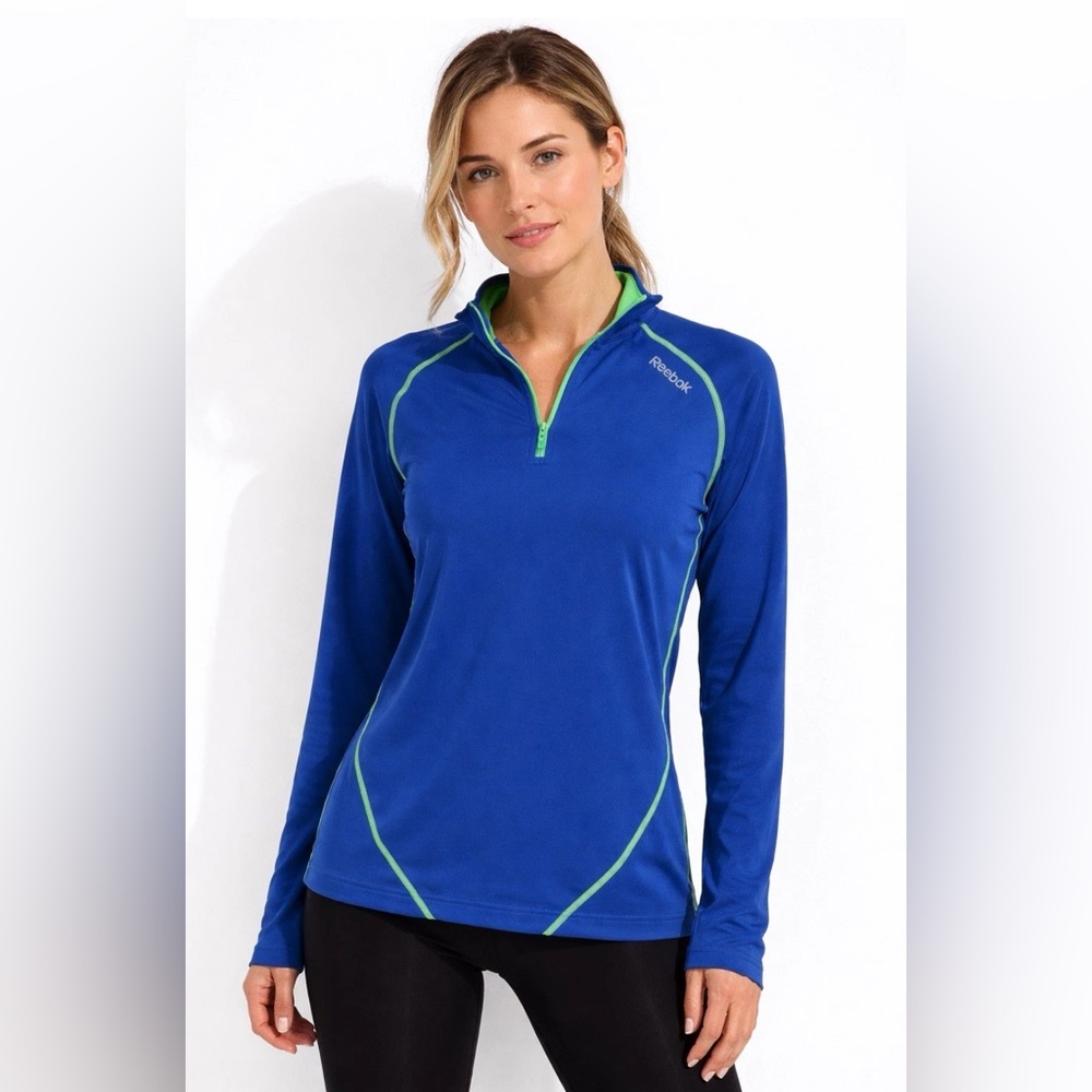 Reebok Performance Long Sleeve‎ Pullover Blue Green 1/4 Zip Size L Workout Gym